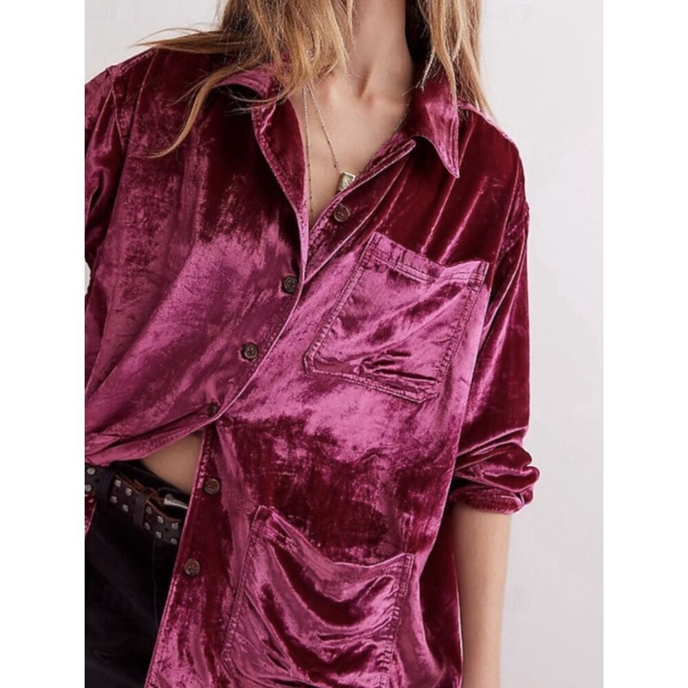 Free People We The Free Rhododendron Off Duty Velvet Shirt XS Oversized Burgundy - Picture 3 of 14